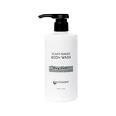Image shows a white plastic 500ml bottle with a black plastic pump action dispenser. The bottle is labelled Plant Based Body Wash Citrus Verbena Envirocare 500ml